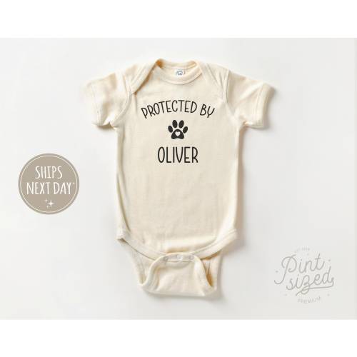 Protected By Dog Baby Onesie® - Cute Personalized Bodysuit - Natural Custom Baby Onesie®