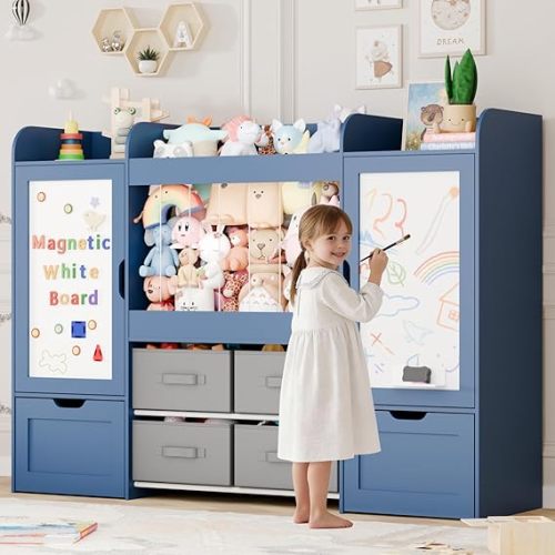 61"W Kids Toy Storage, Bookshelf with 2 Magnetic Draw Boards, Stuffed Animal Storage, 2 Rolling Drawers, 4 Fabric Bins, Large Kid Wooden Toddler Organizer for Playroom, Nursery, Bedroom(Blue)