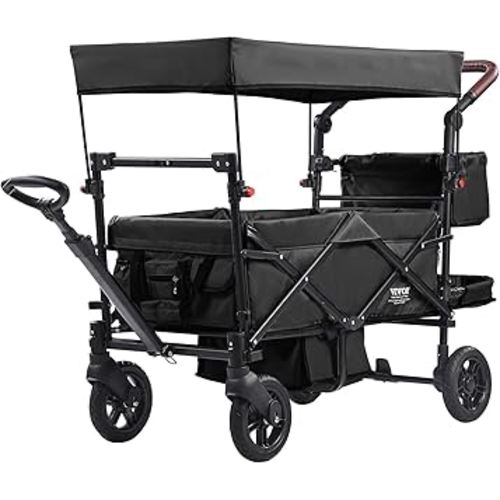 VEVOR Wagon Stroller for 2 Kids, Push Pull Quad Collapsible Stroller with Adjustable Handle, Encircling Harness Removable Canopy, 4 Wheels with Brakes, Mutifunction Tandem Stroller for Camping Black