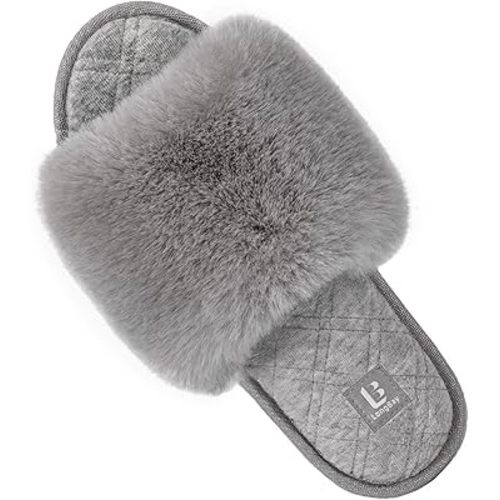 LongBay Women's Fuzzy Faux Fur Memory Foam Cozy Flat Spa Slide Slippers Comfy Open Toe Slip On House Shoes Sandals