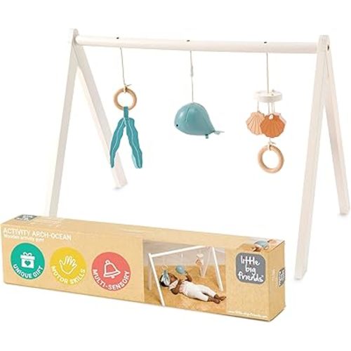 Little Big Friends Wooden Baby Activity Gym – Montessori Play Gym for Babies | Encourages Motor Skills & Sensory Development | Includes Crinkle Fabrics, Wooden Chimes & Hanging Toys – Ocean