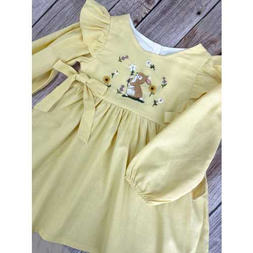 Easter Dress with Rabbit Hand Embroidery, Girls Soft Linen Dress, Toddler Linen Dress, First Birthday Girl Dress, Kids Clothing, Dress for Girls
