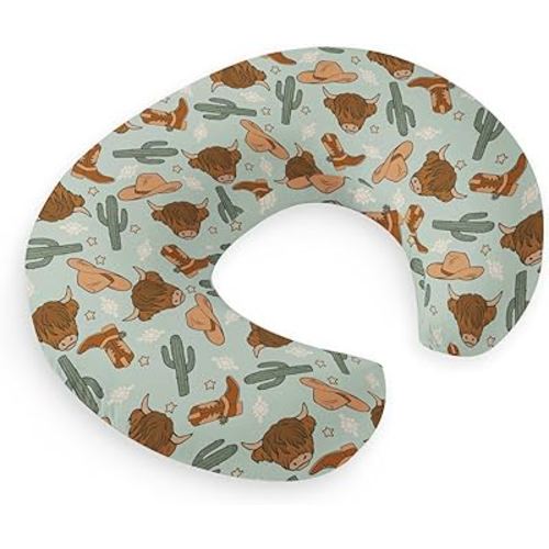HawSkgFub Teal Blue Highland Cow Cactus Nursing Pillow Cover for Baby Boys, Boho Western Cowboy Boot Hat Star Breastfeeding Pillow Slipcover, Nursing Pillowcase for Newborn Infant, Cover Only