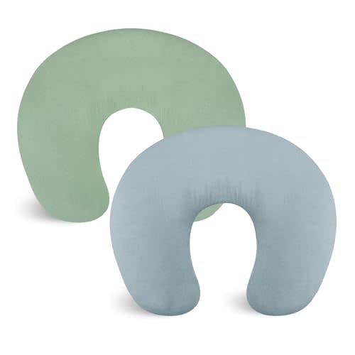 SWESEN Nursing Pillow Covers 2 Pack, Linen Nursing Pillow Slipcover for Breastfeeding Pillows, Breathable Newborn Infant Feeding Pillow Cover for Baby Girl Boy, Green & Blue, Washable