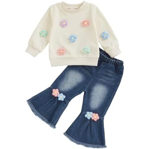 BULINGNA Toddler Baby Girl Clothes Spring Outfit Baby Girl Outfit Floral Crewneck Sweatshirt Bell Bottom Jeans Pants Set