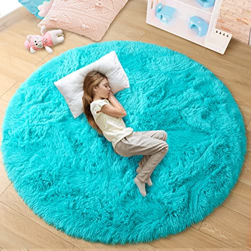 junovo Round Rug 5x5 Feet Fluffy Soft Area Rugs for Kids Girls Room Princess Castle Plush Shaggy Carpet Cute Circle Nursery Rug for Kids Girls Bedroom Baby Room Home Decor Circular Carpet, Teal Blue