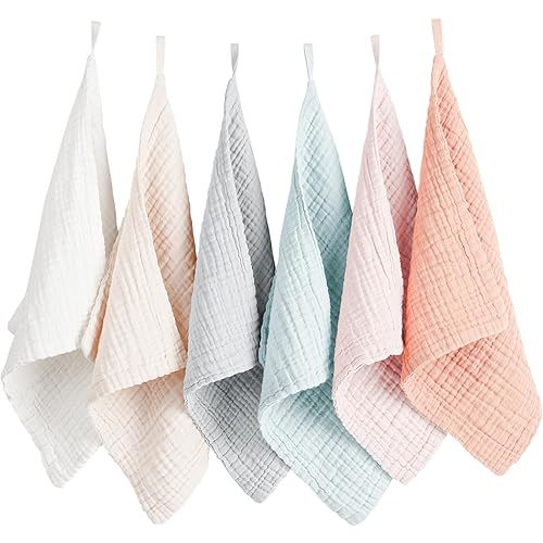 Konssy 6 Pack Baby Muslin Washcloths for Unisex 100% Cotton Wash Cloth Set for Baby Face Body Comfy and Soft for Newborn Infants Kids Girls and Boys