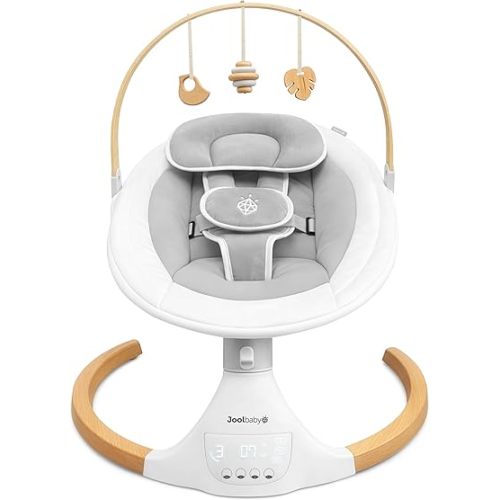 Jool Baby Nova Nature Baby Swing for Newborns with Natural Wood Toys, Electric Motorized Infant Swing, Bluetooth Music, Remote (Gray)
