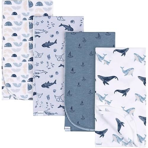 Gerber Unisex Baby 100% Cotton Flannel Receiving Blankets 30x30 Inches (Pack of 4), Coastal Calm, One Size