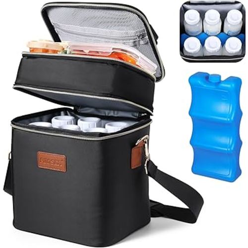 PIIOSER Breastmilk Cooler Bag with Ice Pack Fits 6 Baby Bottles Up to 9 Ounce, Insulated Baby Bottle Tote Bags, Double Layer Waterproof Leak-Proof with Shoulder Strap for Nursing & Working Mom