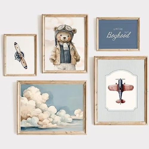 Teddy Bear Nursery Wall Art Decor Vintage Boy Room Pictures Baby Boy Nursery Canvas Wall Decor Blue Vintage Airplane Poster Kids Travel Aviation Prints for Playroom Bedroom 8x10x5 Inch Unframed