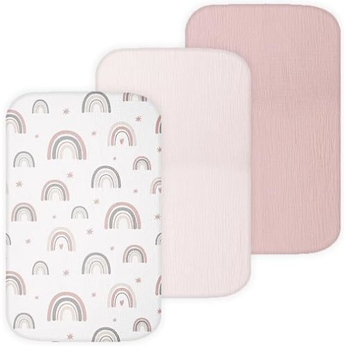 Muslin Bassinet Sheets Compatible with Chicco LullaGo, Dream On Me Skylar, Cloud Baby, Yacul Bedside Sleeper, 3 Pack, 20x32 in, Ultra Soft, Breathable, Snug Fit, Unisex Boys and Girls, Pink Rainbow