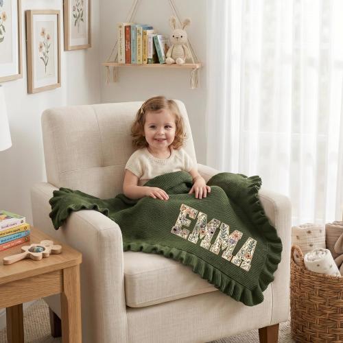 Personalized Embroidered Baby Blanket, Baby Floral Applique Blanket, Baby Knit Blanket, Newborn Gift For baby Girl, First Birthday