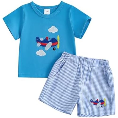 Toddler Baby Boy Clothes Summer Outfits Embroidery Smocked Short Sleeve Shirt T-Shirt + Gingham Shorts 1T 2T 3T 4T