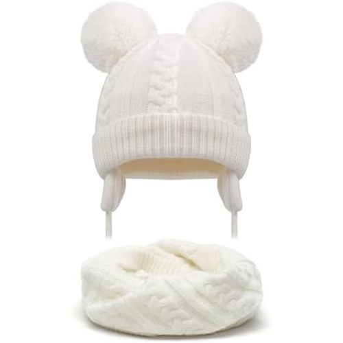 Duoyeree Toddler Winter Hat with Earflap Scarf Hood Thick Warm Kids Skull Cap for Baby Girls Boys