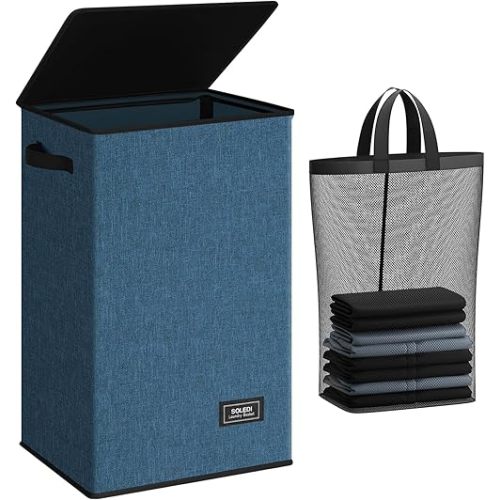 SOLEDI Laundry Hamper with Lid 90L Large & Tall Collapsible Laundry Basket, Blue