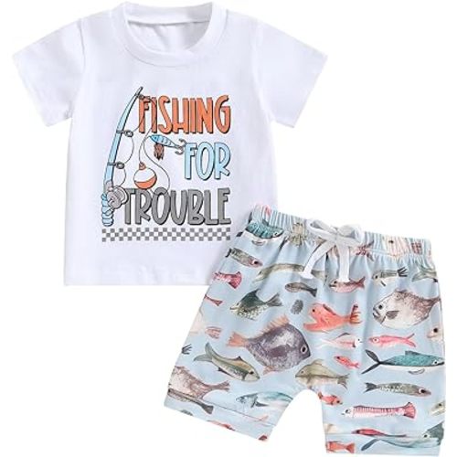 Toddler Baby Boy Fish Outfit Fishing For Trouble Short Sleeve T-Shirt Fish Print Shorts Set 2Pcs Infant Summer Clothes