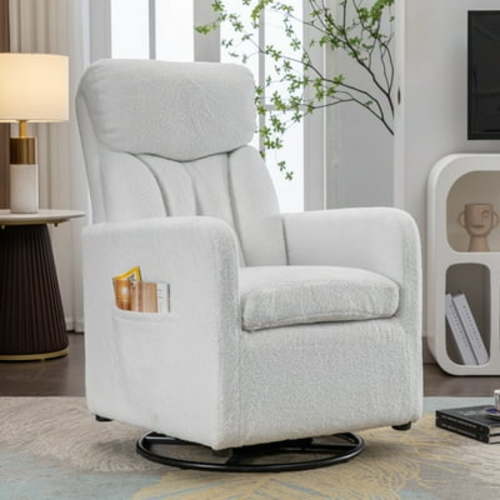 360° Swivel Rocking Chair, Nursery Glider Rocker Armchair for Baby, Teddy Fabric Upholstered Accent Chairs with Tall Back and Side Pocket for Living Room, Bedroom, Nursery, White Teddy
