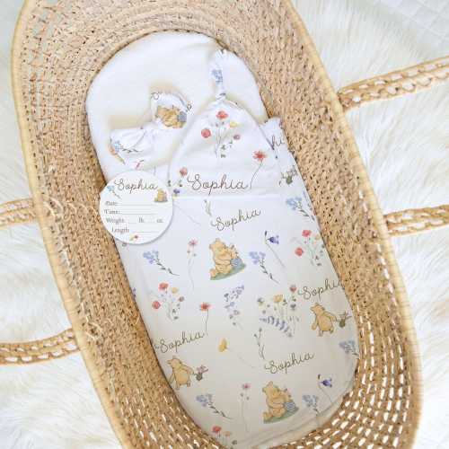 Classic Winnie The Pooh Baby Name Receiving Blanket Swaddle 30x40