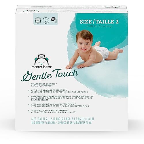 Amazon Brand - Mama Bear Gentle Touch Baby Diapers, Size 2, 184 Count (4 packs of 46), Leak Protection, Wetness Indicator, Fragrance-Free, Chlorine-Free