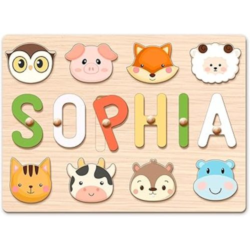 Personalized Wooden Name Puzzle for Kids - Easter Basket Stuffers - 1 Year Old Girl Birthday Gift - Easter Baby Gifts - Learning Toys for 1-3 Year Old Girl Boy - Toddler Puzzle Engraved Text Blessing
