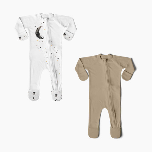 Goumi Kids Organic Cotton Printed Footie (2 Pack) - Many Moons + Sandstone, 0-3M