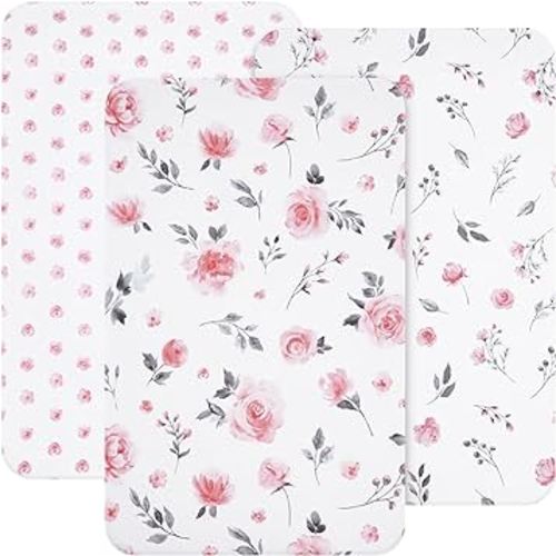 david's kids 3 Pack Mini Crib Sheets, Premium Pack N Play Sheets for Boys Girls Neutral, Soft Breathable Baby Sheets Fit Pack N Play, Playard and Mini Crib Mattresses, Floral Flowers