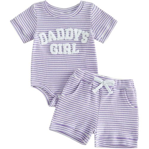 allshope Newborn Baby Girl Summer Outfit Set Romper Daddy Girl Embroidery Jumpsuit Tops Shorts Infant Waffle Clothes
