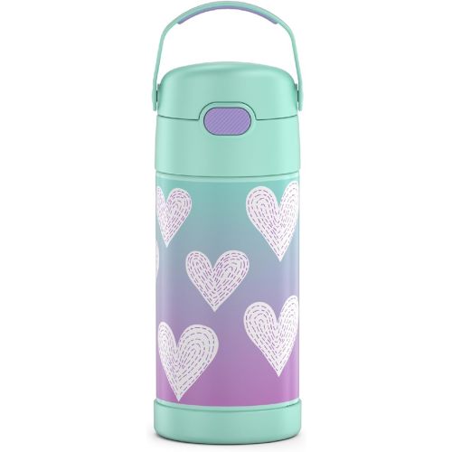 THERMOS FUNTAINER Water Bottle with Straw - 12 Ounce - Kids Stainless Steel Vacuum Insulated Water Bottle with Lid, Purple Hearts