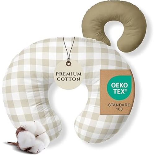 Pobibaby 1-Pack Premium Nursing Pillow Cover - Ultra Soft & Stretchy 96% Cotton, Breastfeeding Pillow Cover for Baby Boys and Girls (Gingham Khaki)