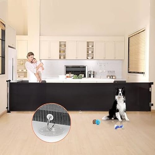 150 Inches Extra Wide Retractable Baby Gates, Baby Gates for Large Openings, Stairs, Hallways and Doorways, Dog Gates for The House Extra Large, Pet Gates for Dogs, Indoor/Outdoor Use, Black