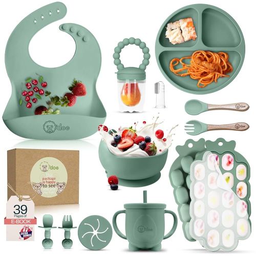 O'doe Baby Weaning Set – 15 Pcs Silicone Baby Feeding Set with Suction Plate, Bowl, Bib, Sippy Cup, Fruit Feeder, Freezer Tray