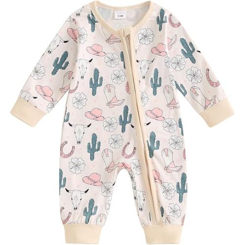 FIOMVA Western Baby Girl Clothes Newborn Cowgirl Outfit Infant Boy Highland Cow Print Jumpsuit Fall Winter Cowboy Outfits