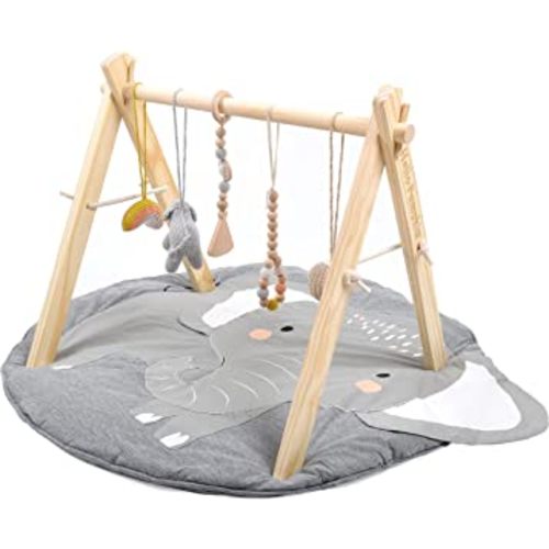 Wooden Baby Play Gym with Mat, Foldable & Handmade Wooden Play Gym Frame Activity with 5 Hanging Toys Untreated Beechwood & Cotton Montessori Baby Toys,Play & Learn Infant Activity Mat(Natural Color)