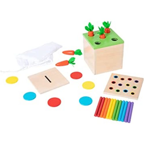 Montessori Toddler Play Kit Montessori Box Toys for 1 Year Old 2 Years Baby Learning Toys Gift Carrot Harvest Game, Matchstick Color Drop Game and Coin Box (3-for-1)