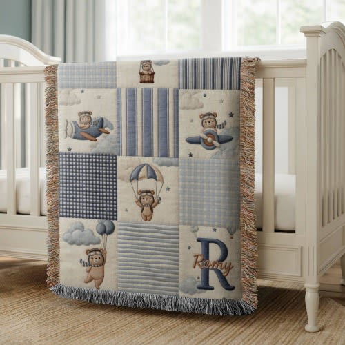 Personalized Baby Boy Woven Throw Blanket | Custom Name & Initial | Teddy Bear Aviator | Baby Shower Gift | Nursery Decor Fringe Blanket