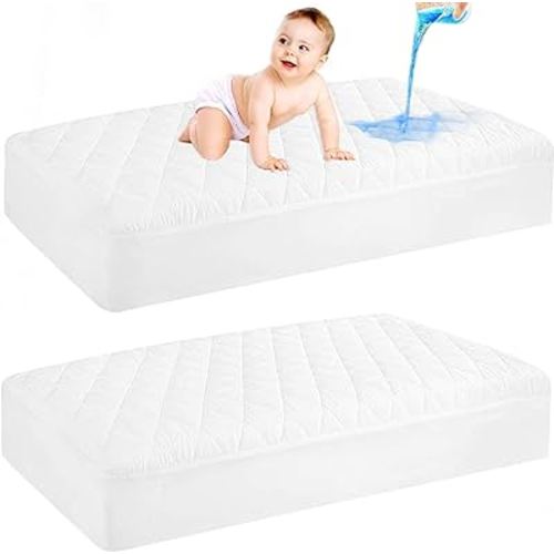 GRT 2 Pack Waterproof Crib Mattress Protector, Quilted Baby Mattress Cover Fitted Deep Pocket from 4" up to 9", Extra Soft Breathable & Noiseless Toddler Mattress Pad 52"x28", White