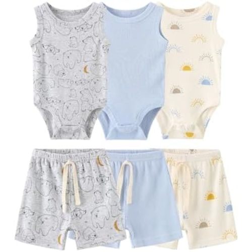 Baby Layette Set 6-Piece Unisex Bodysuits Pants Set Toddler Boy Girl Gift Sets