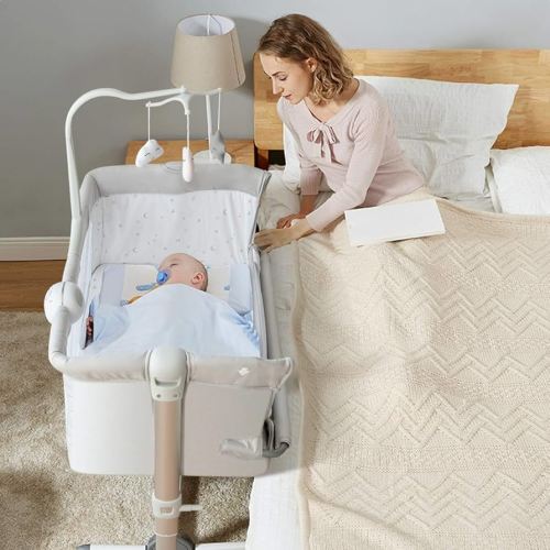 BABY JOY Music Box Baby Bassinet, Height Adjustable Bedside Crib w/Toy Rack, Mattress, Breathable Mesh & Portable Travel Bag, Easy Folding Bassinet Bedside Sleeper for Newborn Infant (Light Grey)