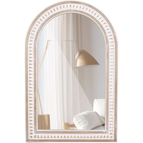 Arched Wall Mirrors Boho Mirror - 36x24'' Decorative Mirror Wooden Frame Bathroom Mirrors with Beaded Decor Rustic Farmhouse Mirror for Over Sink, Living Room, Entryway, Foyer Accent Mirror