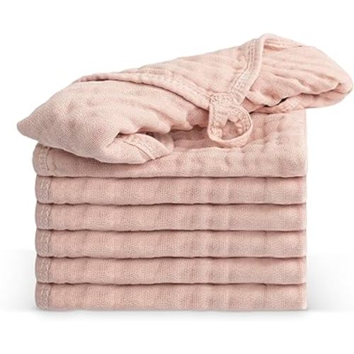 100% Cotton Baby Burp Cloths 10"x10" (8 Pack) Snuggle Comfort Muslin Washcloths - Newborn Baby Must Haves & Registry Gifts - Easy to Clean Cloth for Babies, New Born Boy & Girl (Blush)