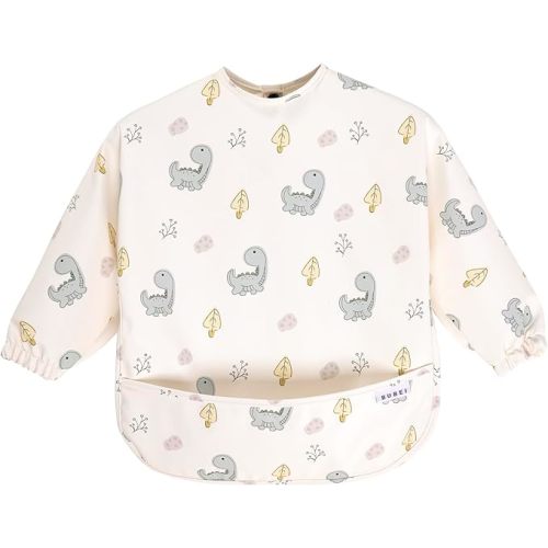 Mess proof baby feeding bibs, Smock bibs for baby, Waterproof bibs, Long sleeve baby bib for eating, Toddler smock bib - Cream Dinosours