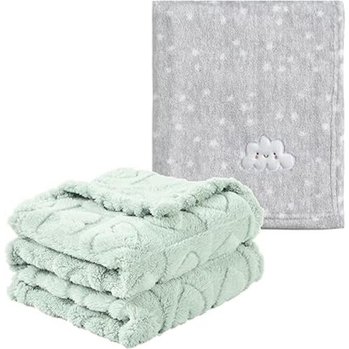 CREVENT 2Pcs 30''X40'' Cute Cozy Fluffy Warm Baby Blankets for Infants Toddlers' Bedding Crib Cot Stroller - Grey Cloud + Green Sherpa