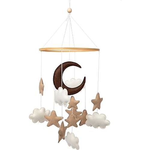 EMMNNIC Baby Mobile for Crib - Modern Boho Baby Mobile - Felt Nursery Mobile Gender Neutral - Brown Stars, White Clouds and Moon