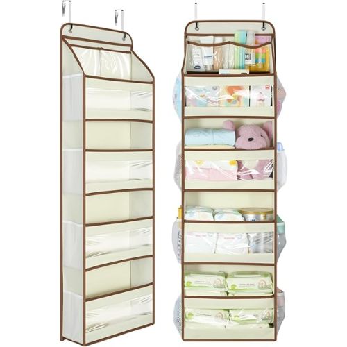 Yecaye 5 Tier 1Pc Over the Door Organizer, Swing-proof Door Organizer Hanging with Clear PVC Windows, Behind the Door Storage for Bedroom Nursery Closet Laundry Pantry Bathroom, Beige