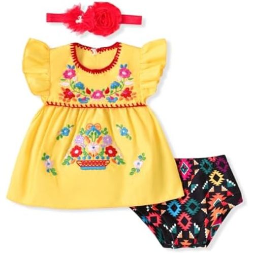 HINTINA Newborn Baby Girl Embroidery Mexican Dress and Shorts Set Ethnic Wear