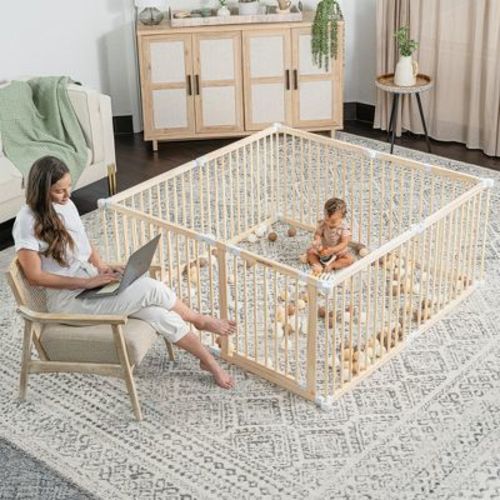 Baby Playpen & Baby Gate for Toddler and Babies, Foldable Wooden Large Shape Playpen with Locking Gate by Comfy Cubs - Natural Wood