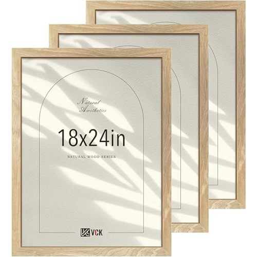 VCK 18x24 Poster Frame Set of 3, Natural Solid Wood Picture Frame with Exclusive Wood Grain, Wall Hanging