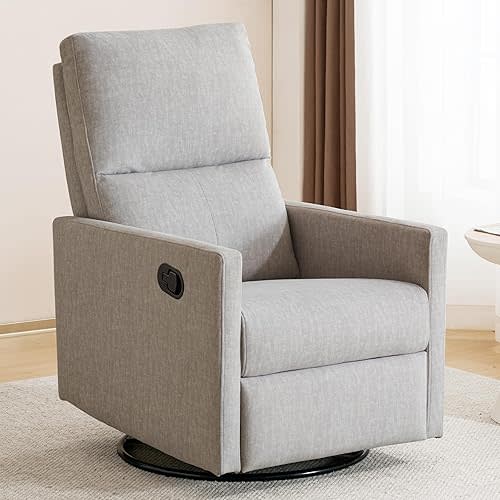 Swivel Rocking Recliner Chair for Adults, Rocker Nursery Glider Chair for Living Room Bedroom, Upholstered Fabric Reclining Single Sofa Chair(Light Grey)