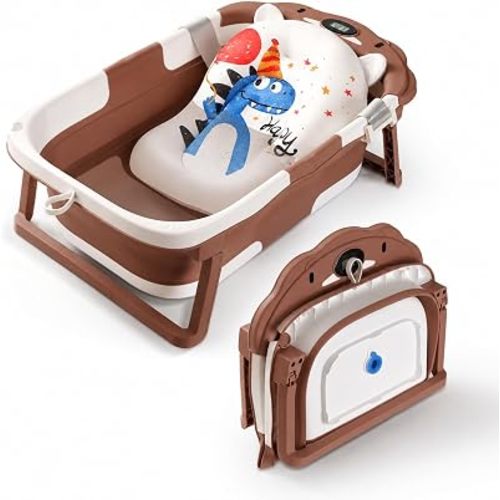Baby Bathtub Collapsible with Thermometer & Cushion, Portable Travel Tub